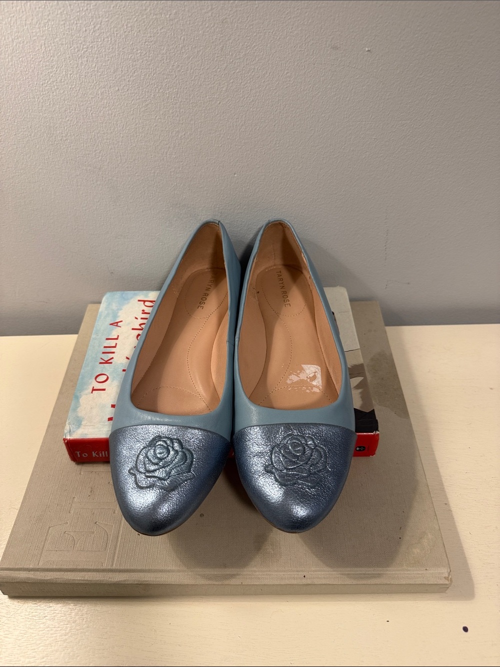 Taryn Rose Blue Floral-Embroidered Leather Ballet Flats